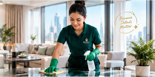 Professional Sparkly Living cleaner in a Dubai home